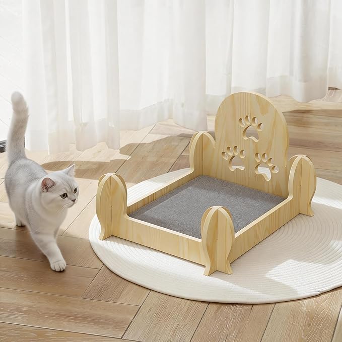 Solid Wooden Cactus Cat Bed with Paw Print Carvings, Space-Saving for Small Apartments, Studios & Rental Homes, Cute Decorative Cat Furniture for Indoor Cats & Kittens