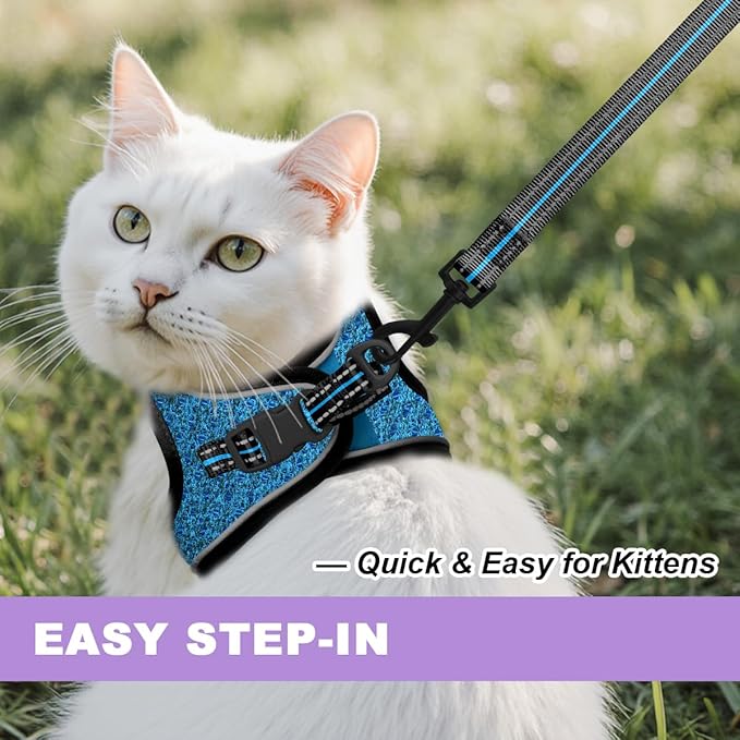 Cat Harness and Leash Set,Escape Proof Kitten Harness,Step in Adjustable Soft Lightweight,Easy Control,Reflective Strips Comfortable for Walking Travel(Blue/Black,M)