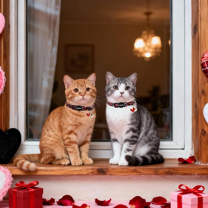 Cat Collar,2 Pack Cat Collars Breakaway with Bell, DOGWONG Safety Buckle Valentine's Day Cat Collar Cute Heart for Girl Boy Cats and Small Dogs,Adjustable 7-12 Inch,Pet Supplies Accessories