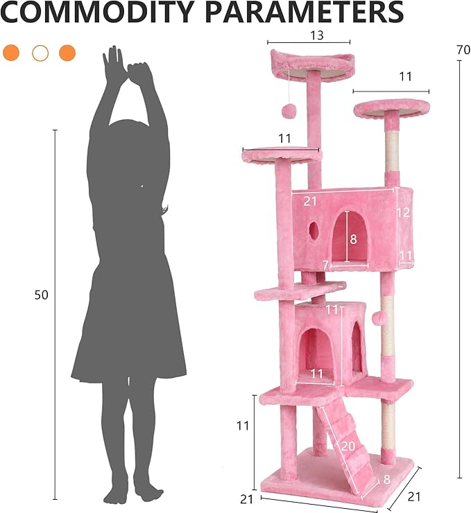 70-inch Pink Multi-Level Cat Tower Kitten Tree & Cat Condo With Plush Padded Perch & Cat Scratching Post, Heavy Duty for Large Cats