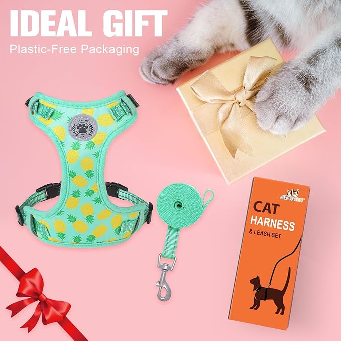 BEAUTYZOO Cat Harness and Leash Set Escape Proof, Small Cat Vest Harness for Walking, Adjustable Step in Kitten Harnesses for Travel, Soft Lightweight Outdoor Cute Kitten Harnesses, Pineapple S