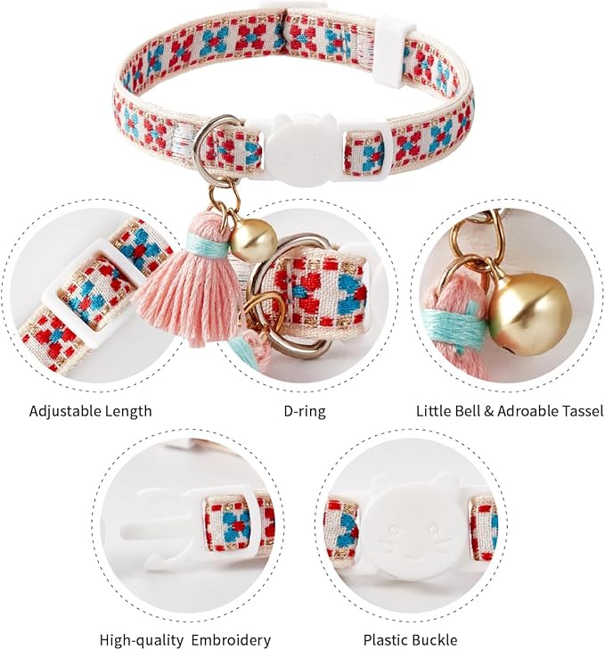 2 Pack Cats Collar Breakaway Cute Colorful Pattern for Cat Boy Girl Adjustable Length Collar with Little Bell Tassel Tribal Bohemian Pattern (2 Pack⎮Green+Red)