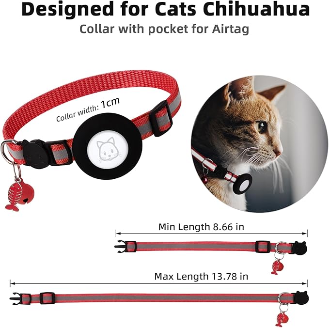 Airtag Cat Collar, Air tag Cat Collar with Bell and Safety Buckle in 3/8" Width, Reflective Collar with Waterproof Airtag Holder Compatible with Apple Airtag for Cat Dog Kitten Puppy (Red)