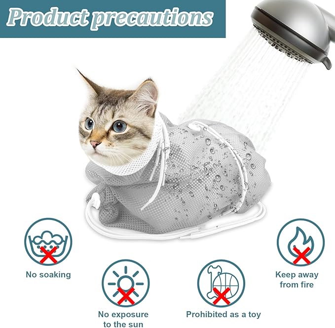 Cat Bathing Bag, Breathable Mesh Cat Shower Bag Anti Scratch Adjustable Washing Grooming Bag for Nail Trimming Polyester Soft