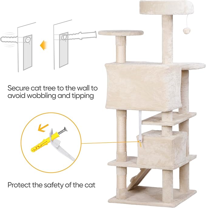 54in Cat Tree for Indoor Cats Multi-Level Condo Tower Bed Furniture Kitten Play House with Scratching Posts, Beige