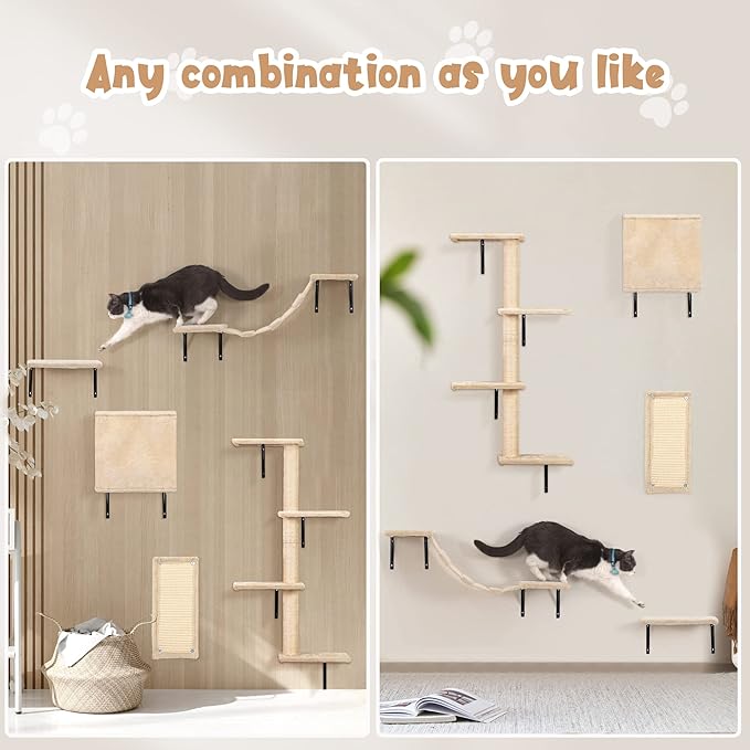 5 Pcs Wall-Mounted Cat Climber Set, Wood Indoor Cat Shelves with Perches, Ladder, Cat Condo House, Scratching Board and Cat Tree, Wall Shelves Furniture (Beige)