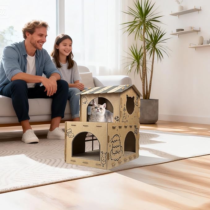 Two-Story Cardboard Cat House with Scratching Pad, Hideout Kitten Bed Scratcher for Indoor Cats, Durable Cat Play House with Multiple Entrances and Windows, Corrugated Cardboard Construction