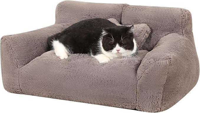 Fluffy Cat Couch for Indoor Cats, Small Dog Bed with Bone Shaped Pillow, Anti-Anxiety Pet Bed with Washable Cover, Brown
