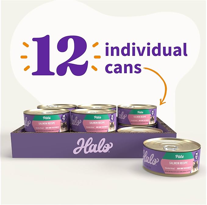 Halo Wet Cat Food Salmon Recipe, Grain Free Wet Cat Pate, Canned Cat Food for Extra Hydration, 5.5 Oz Can (Pack of 12)