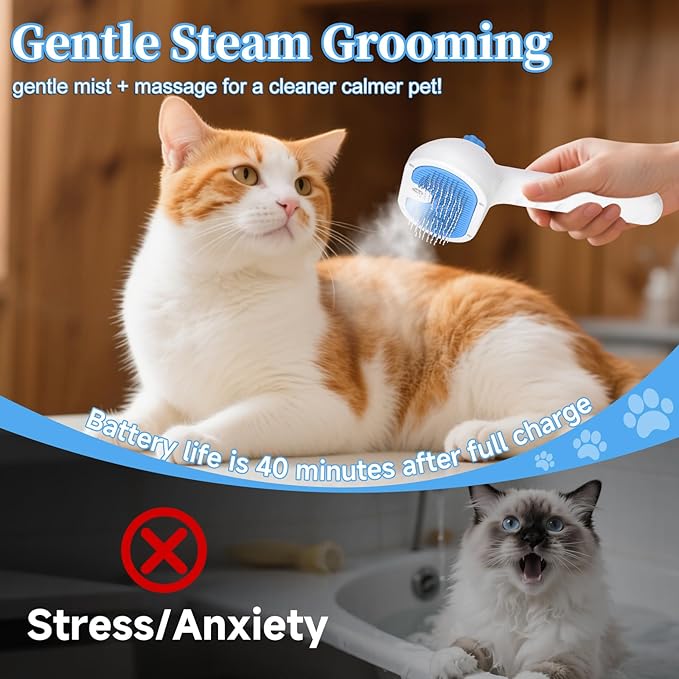 Pet Steam Brush for Dog & Cat - 3-in-1 Steam Grooming Brush for Shedding & Hair Removal - Pet comb leave-in serum with Mist for Long Haired Pets - Includes 2*Waterless Shampoo, Blue
