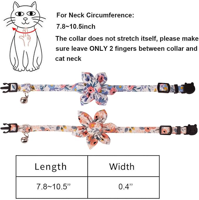 ADOGGYGO Floral Cat Collar with Bells, 2 Pack Girl Kitten Collar with Removable Floral, Adjustable Flower Collars for Cats (Orange & Blue)