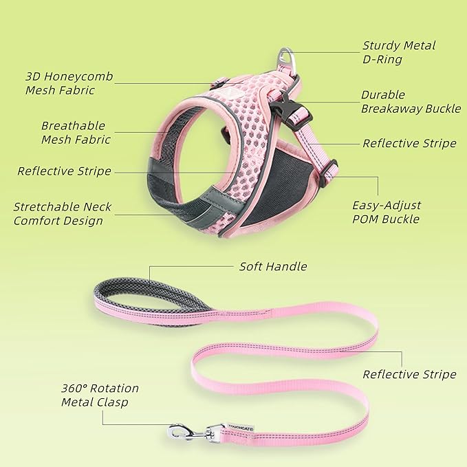 Cat Harness and Leash Set for Comfortable Outdoor Walking, Escape Proof, Adjustable Soft Kitten Vest Harness with Reflective Strip for Cats, Small Dogs (Pink, S)