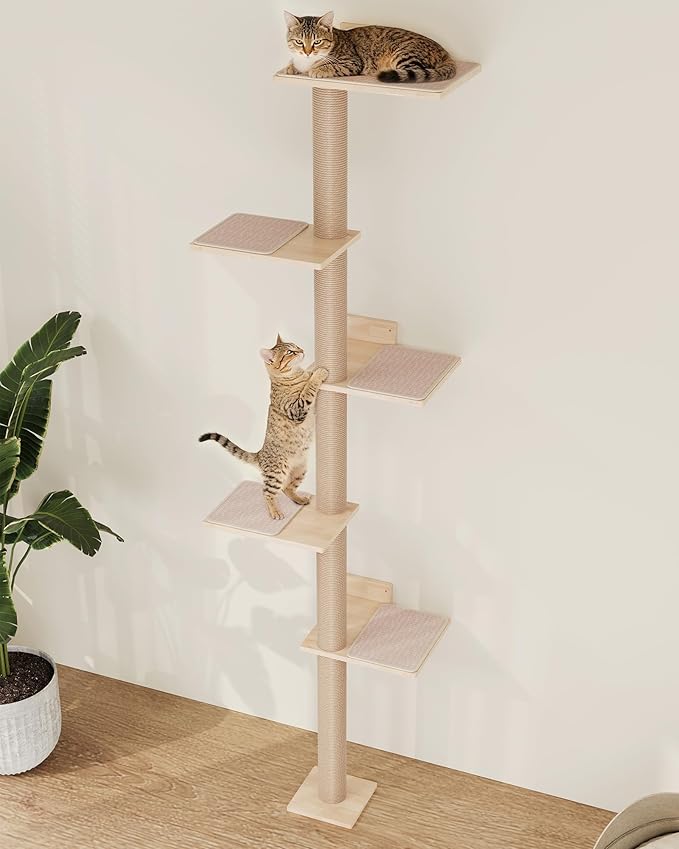 Aechonow 80inch Wall Mounted Cat Tree, 15.8in Top Perch Bed for Large Adult Cats, Adjustable Cat Shelves Floor to Ceiling for Scratch, Climb, and Lookout