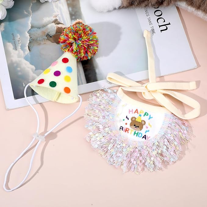Xinjoduz Cat Birthday Hat and Bandana Scarf, Cat Birthday Outfit Party Hat Dog Costumes Cute Lace Puppy Tassels Bib Scarf Party Decorations Set for Small Medium Cats & Doggy