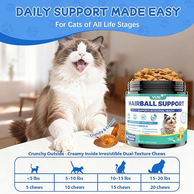 VUN Cat Hairball Support Crunchy & Creamy Chews, Hairball Treatment for Cats, Remedy Cat Treats, Cats Furball and Hair Ball Supports Skin & Coat, Digestion, Vitamins,Chicken Flavor (90-Day Supply)