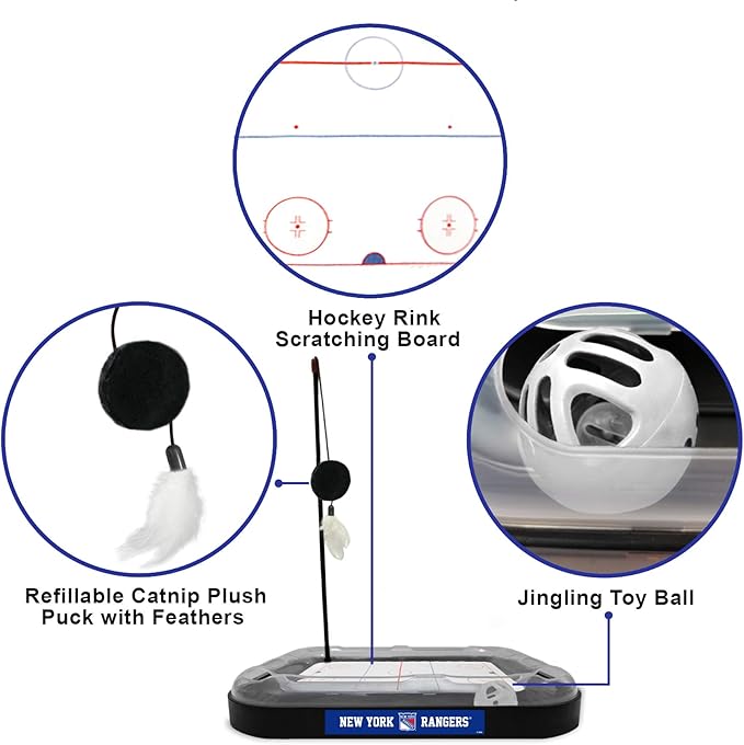 Pets First NHL New York Rangers Hockey Field Cat Scratcher Toy with Interactive Cat Ball Bell in Tracks - 5-in-1 Toy