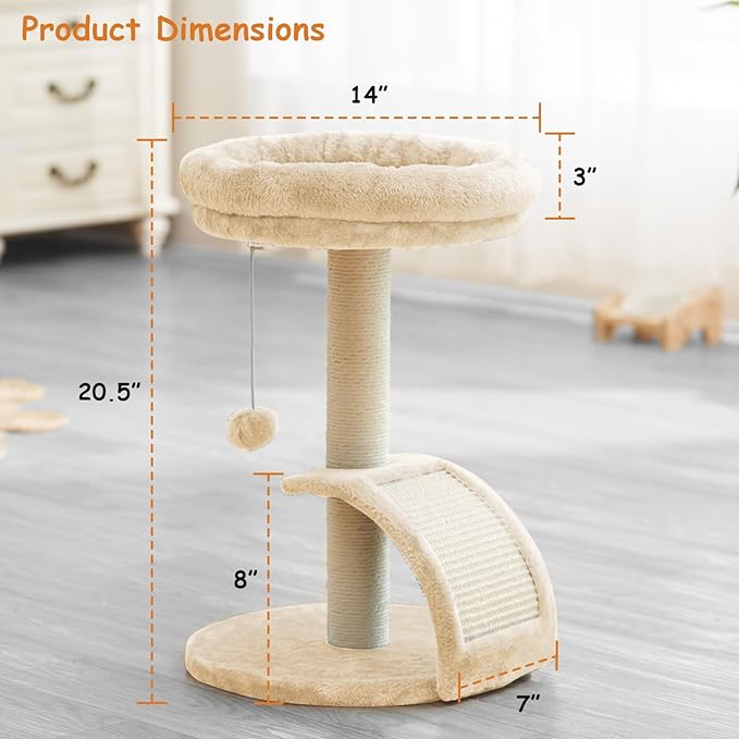 Goozii Cat Scratching Post Tower for Indoor Cats, Small Cat Tree Tower with Bed and Hanging Ball Toys, Short Modern Carpet Kitten Scratcher Stand with Large Round Perch and Scratch Ramp (Beige)