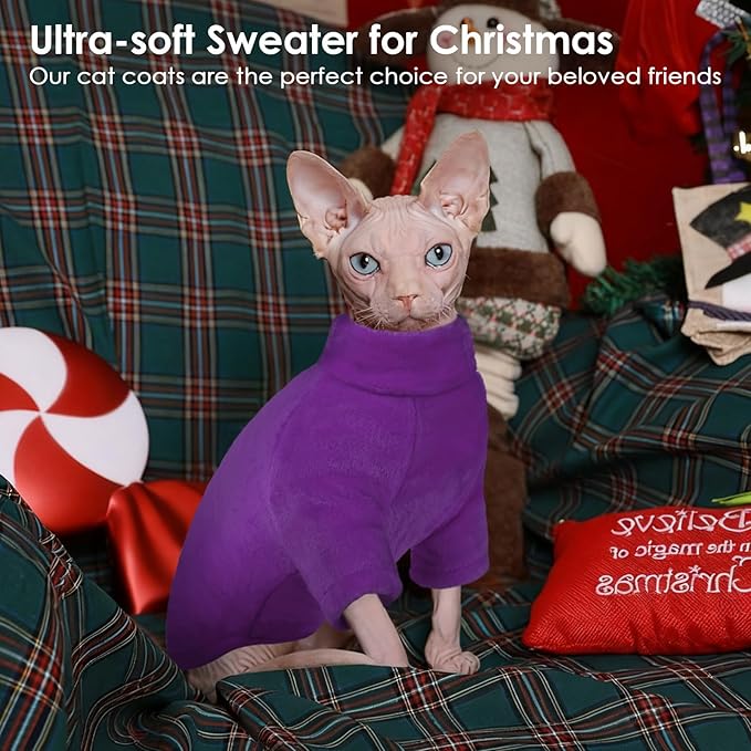 Turtleneck Sweater Coat for Cat, Sphynx Clothes Pajamas for Cats Only, Kitten Fleece Pullover Sweaters with Sleeves, Pet Warm Jumpsuit Sweatshirt for Cold Weather, Dark Purple S