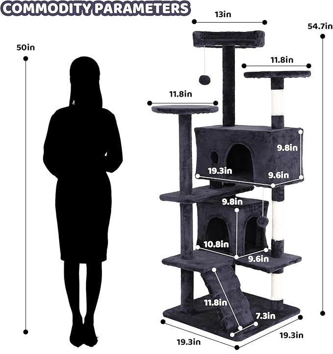 54 inch Cat Climbing Tower - Cat Tree with Jumping Platforms, Cat Condo & Play House for Indoor Cats - Modern Cat Furniture with Scratching Surfaces - Dark Gray