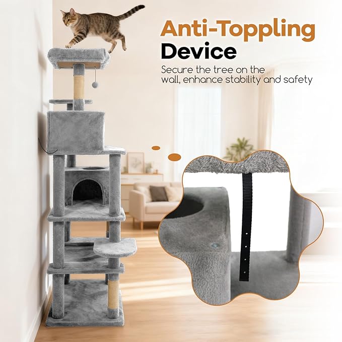 DORTALA 75" Tall Modern Cat Tree, Multi-Level Cat Tower with Large Condos, Sisal Scratching Posts, Top Perch, Hammock, Dangling Balls, Kitten Beds & Climbing Furniture for Indoor Cats (Light Grey)