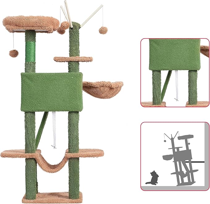 Hey-brother Cat Tree, 53 inch Cat Tower for Indoor Cats, Cat House with Padded Platform Bed, Toy Balls, Large Cozy Condo, Hammocks and Sisal Scratching Posts, Cactus MPJ019SCA