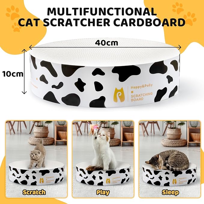 Cat Scratcher Cardboard Bed - Happy&Polly Round Scratching Pad for Indoor Cats Double-Sided Usable Corrugated Cat Beds Furniture Protector Cat Scratch Deterrent - White