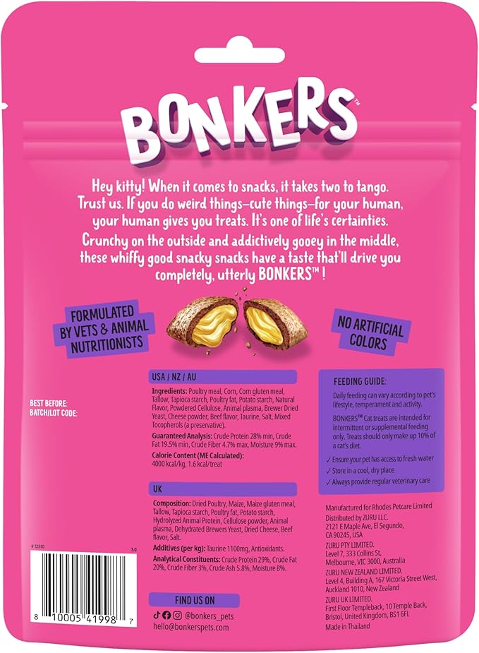 Bonkers Bites Bangin' Beef Flavor Crunchy & Soft Treats for Cats, 6.3oz Bag (Pack of 6)