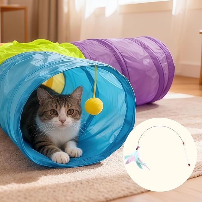 Cat Tunnel Tube Toys 3 Way Collapsible, Interactive Play Tube with Hanging Ball, Cat Tunnels for Indoor Cats, Cat Play Tunnel with Peek Hole for Kitty, Kitten, Rabbit, Puppy