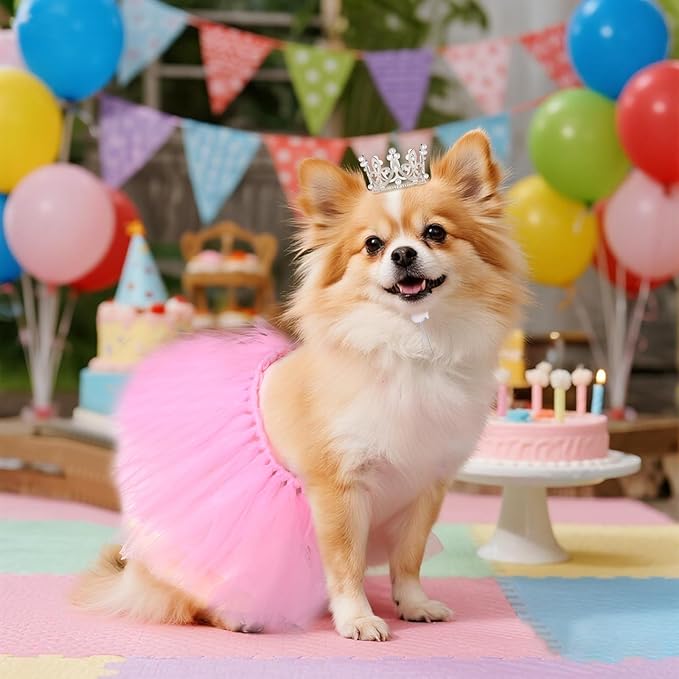 Pet Costume Set Tutu Skirt with Pearl Crown for Small Dog Cat Halloween Birthday Wedding Photo Prop Costume