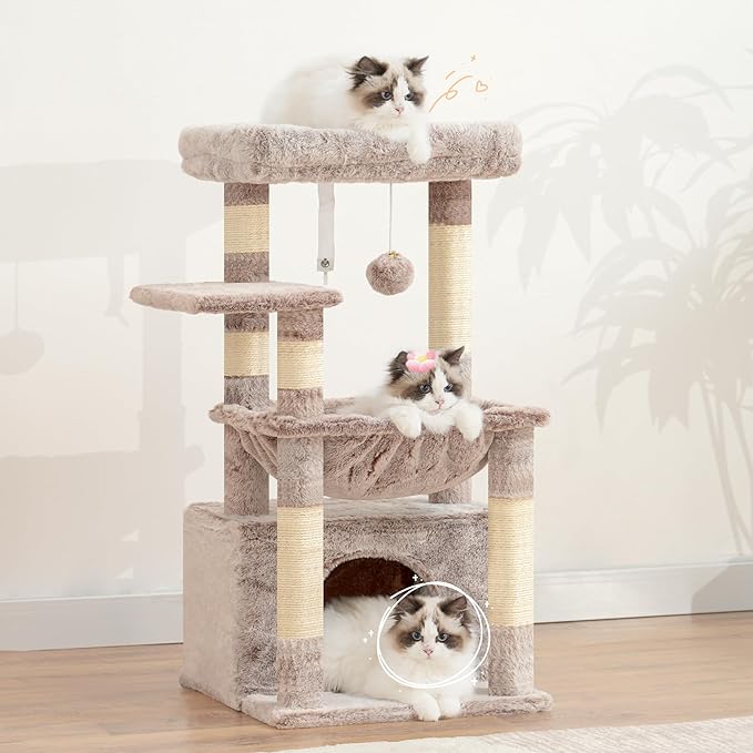 Heybly Cat Tree, Kitten Tower with Large Soft Cat Basket,Cat Condo with Spacious Cat Bed Cave with Hidden Space,Sisal-Covered Scratching Posts,Dangling Ball for Indoor Cats, Muchroom HCT008SMU