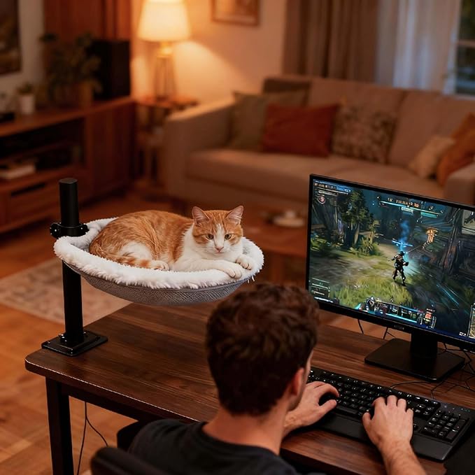 Cat Desk Bed - 360° Rotating Height Adjustable Cat Hammock for Desks & Tables, Soft Washable Dual-Sided Plush & Mesh Mat for Indoor Cats and Puppy, Supports Up to 45lbs, Suitable for Office Home Use
