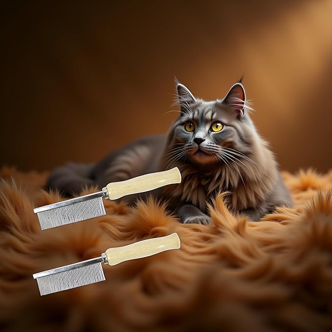 2Pcs Pet Grooming Comb for Long Haired Cats & Dogs - Stainless Steel Pin Teeth Wooden Handle Fur Hair Brush - Removes & Prevents Matted Fur