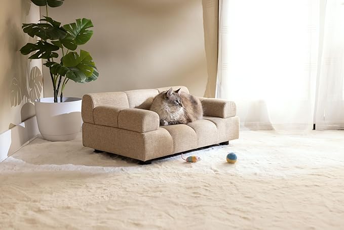 Paws & Purrs Puffer Pet Sofa Bed, Dog or Cat Couch with Tufted Cushion and Armrest, Stylish Indoor Pet Furniture, Sand