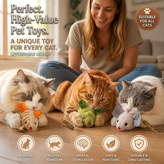 3Pcs Cat Toys Squeak Mice Catnip Toys for Indoor Cat Dental Chirping Mouse Plush Kitten Stuffed Toy Cleaning Teeth Matatabi Bite Interactive Cat Gifts Kitty Toy
