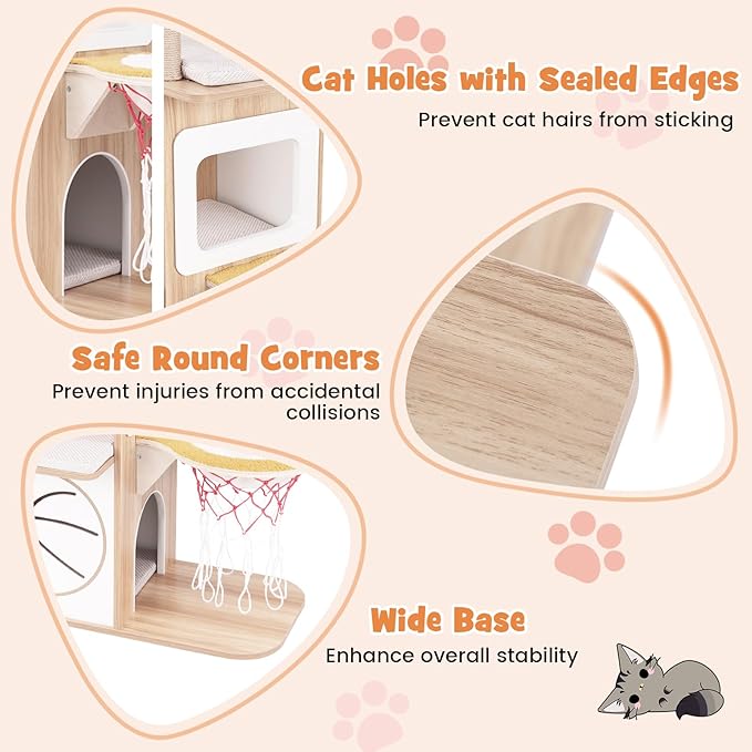 Tangkula Modern Cat Tree, 47 Inch Sports-Themed Cat Tower with Jute Scratching Posts, 2 Cat Condos, Perches, Basketball Hoop Hammock, Removable & Washable Cushions, Multi-Layer Large Wood Cat Tree