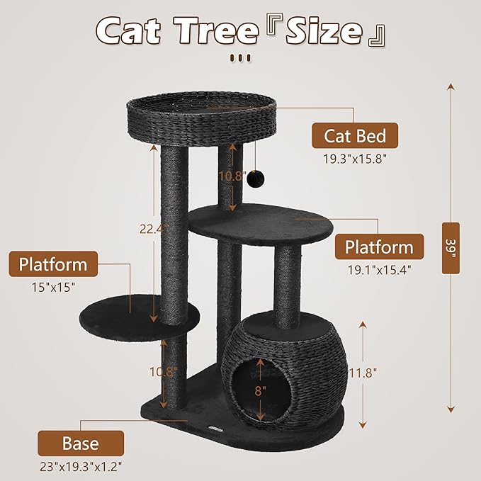 NUNU Modern Cat Tree, Modern Cat Trees Tower, Wooden Cat Tree for Large Cats, 39" Cat Tower for Indoor Cats, Hand-Woven Condo & Top Perch, for Kittens Climb, Play & Rest
