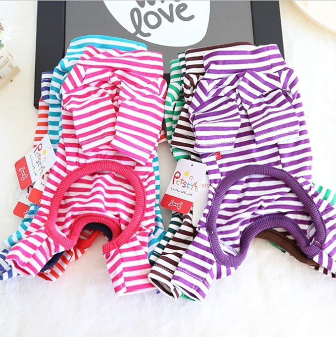 Hdwk&Hped Soft Cotton Dog Pajamas for All Seasons, Striped Pet Bottoming Jumpsuit for Small Dog Cat Puppy (#4, Striped Style - 2-Pack(red&Dark Green))