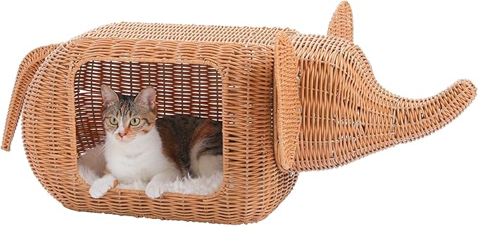 PAWZ Road Elephant Wicker Cat Bed Indoor&Outdoor, Handwoven PE Rattan Cat Condo with Removable Cushion, Breathable Waterproof Pet House Furniture for Indoor Cats