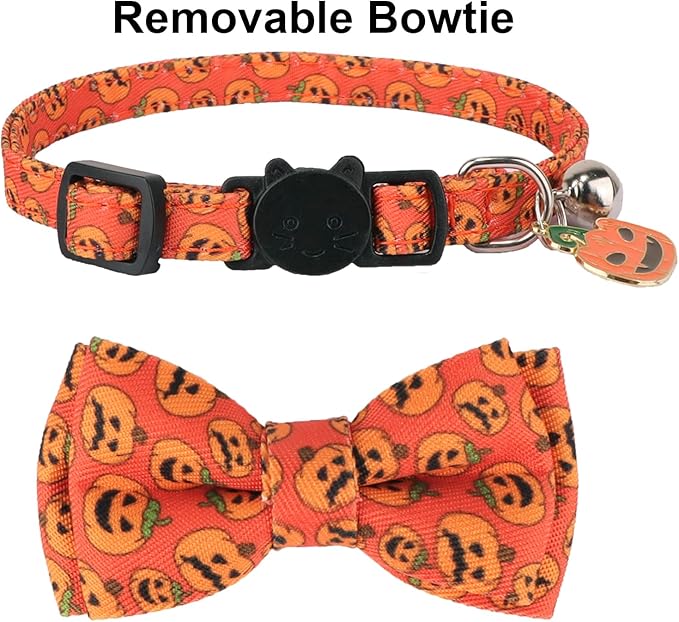 PTDECOR Halloween Cat Collars with Bow Tie Bell, 2 Pack Kitten Collar with Removable Bowtie Halloween Pumpkin Collar for Cats Kittens