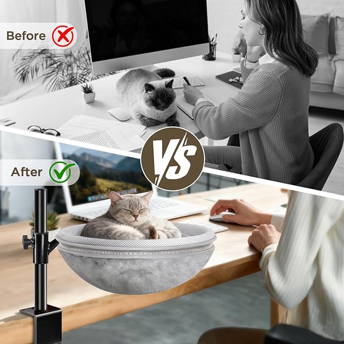 Cat Bed for Desk, Cat Desk Bed with 360° Rotating & Height Adjustable, Removable Dual-Sided Breathable & Comfortable Kitten Bed, Desk Cats Bed Attachment for Indoor Office