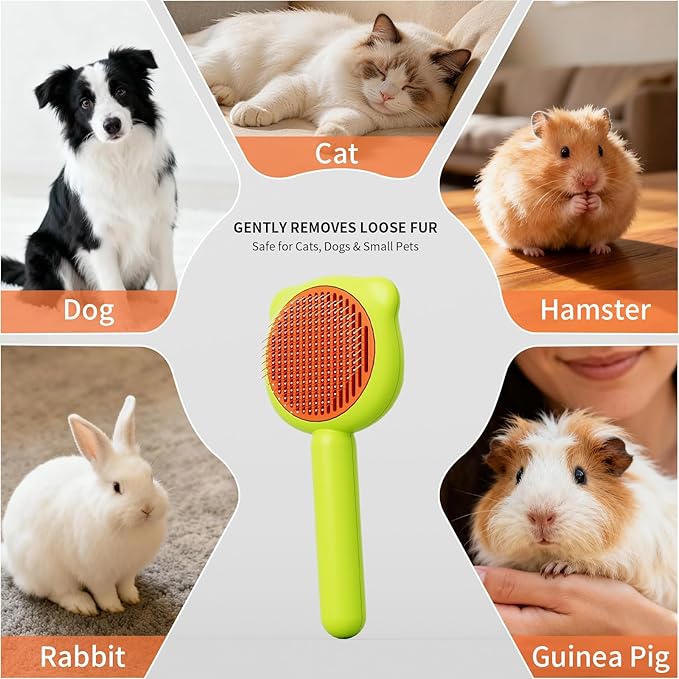 Cat Brush for Shedding, Self Cleaning Pet Hair Brush with Release Button, Cat & Dog Grooming Brush for Long or Short Haired Pets, Removes Loose Fur (Green)