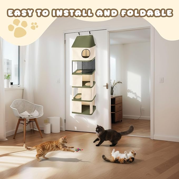 5 Level Door Hanging Cat Tree Tower for Indoor Cats Under 40 Lbs, Door Mounted Pet Furniture Space Saving, Interconnecting Levels, Mesh Levels, Collapsible and Tool-free Assembly, Fits Doors<85 Inch H