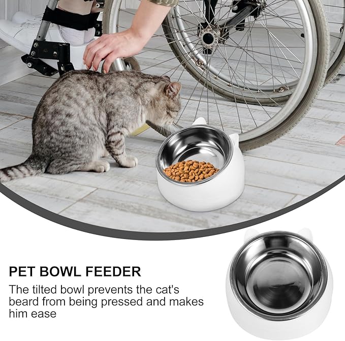 UPKOCH 200ml Anti-Spill Stainless Steel Cat Bowl with Neck Protection and Tilted Design, Small White Pet Feeding and Watering Bowl for Cats