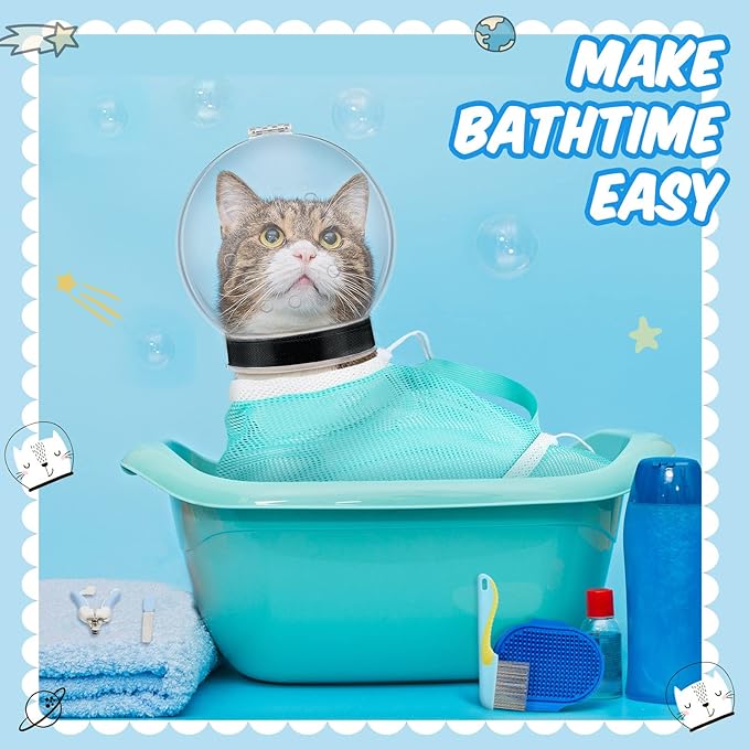 8 Pcs Cat Muzzle Set with Adjustable Cat Bathing Bag Breathable Clear Muzzle Pet Grooming Brush Tick Remover Tool Nail Clipper Nail File for Dog, Bunny Cleaning Trimming(M Size,Blue)