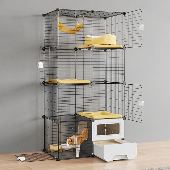 Oneluck Cat Cage Indoor with Litter Box 3-Tier DIY Cat Playpen Detachable Metal Wire Kennel Crate Large Exercise Place Ideal for 1-2 Kitty