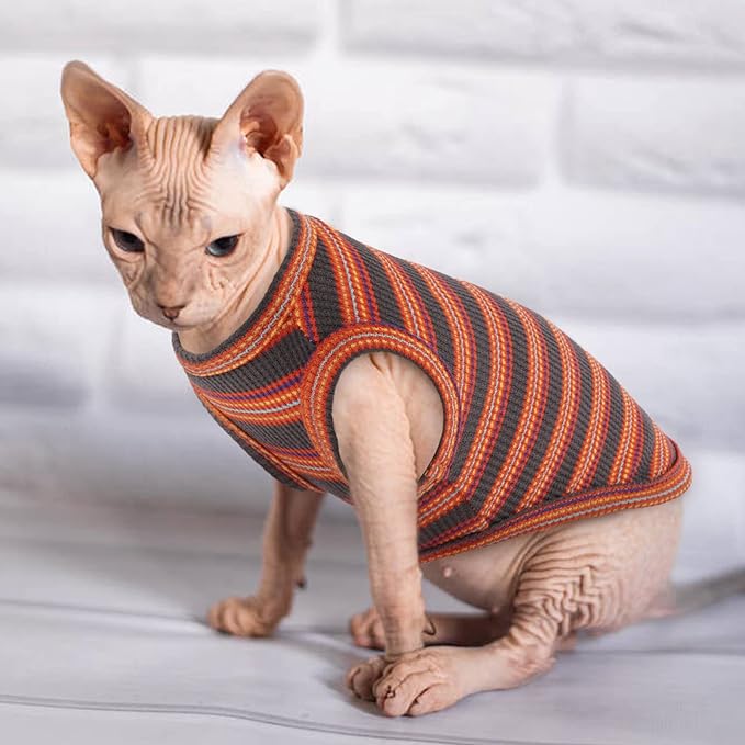 Sphynx Cat Clothes, Breathable Hairless Cat Shirts, Stripe Kitten T-Shirts Sleeveless, Pullover Cat Sweaters, Pet Summer Apparel for Sphynx, Cornish Rex, Devon Rex, Peterbald, Small Dogs