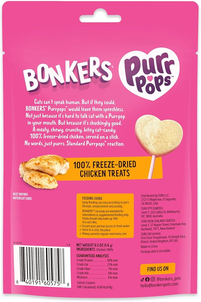 Bonkers Purrpops Freeze-Dried Chicken Flavored Lollipop Treats for Cats, 4 Pieces (Pack of 13)