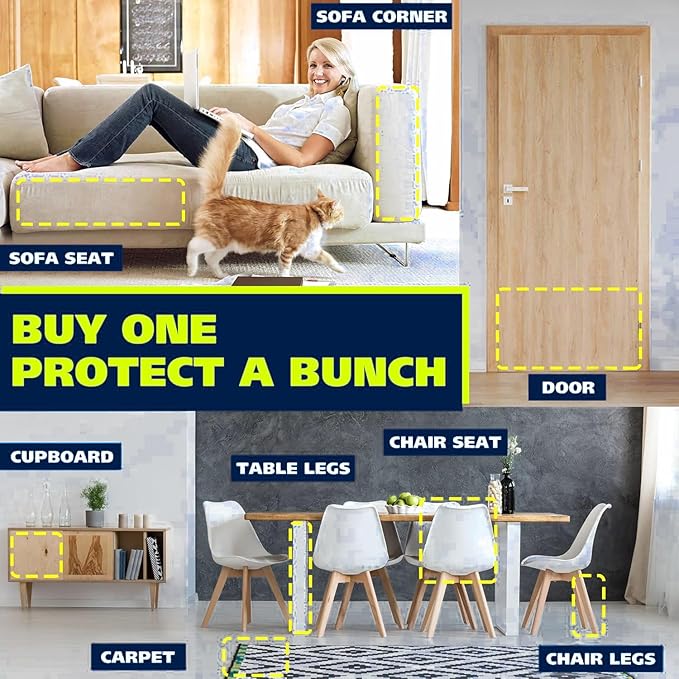 Cat Scratch Deterrent Tape, 12-Pack Clear, Double-Sided Furniture Protectors, Cat Training Tape, Anti-Scratch Sticky Tape, No Residue, Safe for Couches, Doors, Beds, & Tables