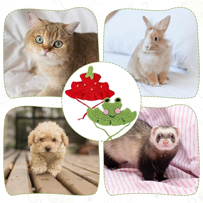 2pcs Frog and Strawberry Cat Hat, Cotton & Soft Cute Knitted Hats for Cats, Christmas Halloween Holiday Party Clothes Birthday Party Puppy Hat for Small Pets