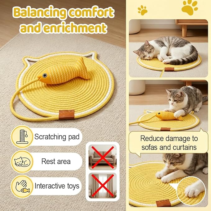 Cat Scratcher Mat Cotton Rope, Round Woven Scratch Pad with Fish Toy, Wear-Resistant Cat Bed Mat with Hanging Loop for Sleeping Scratching Furniture Protects